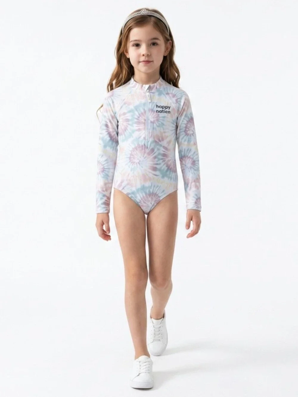 Girls' Long-Sleeve Pastel Tie-Dye Rash Guard Swimsuit Girl Size 12